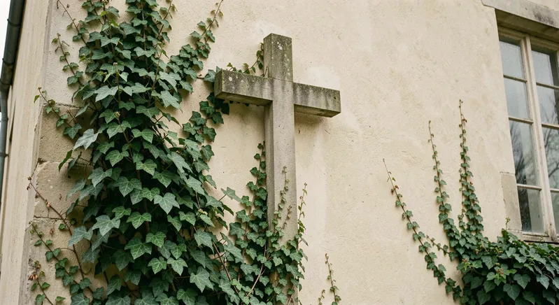 A plain stone cross mounted on an outside wall partly covered in ivy, photographed in soft overcast light.