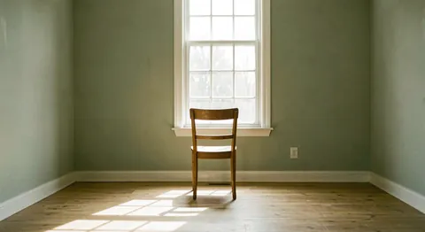 A single wooden chair facing a tall window in a bare room with sunlight falling across the floor.