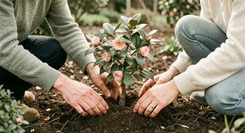 Two people planting a small flowering camellia bush in a garden bed, hands in soil, soft daylight.