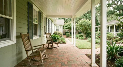 A shaded porch with old wooden rocking chairs facing a garden on a brick-pathed retreat house.