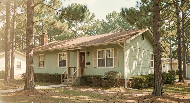 A modest 1950s single-story house among pine trees photographed in faded vintage color like an old postcard.