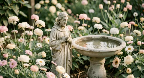 A small weathered statue of St Francis among garden flowers beside a birdbath.