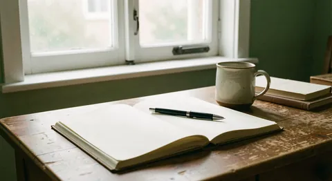 An open paper journal with a pen and a ceramic mug on a wooden desk in front of a bright window.