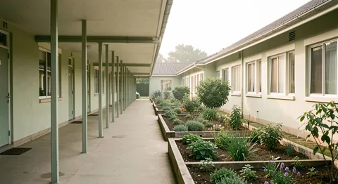 A long covered walkway running beside a low dormitory wing with garden beds, photographed in early morning light.
