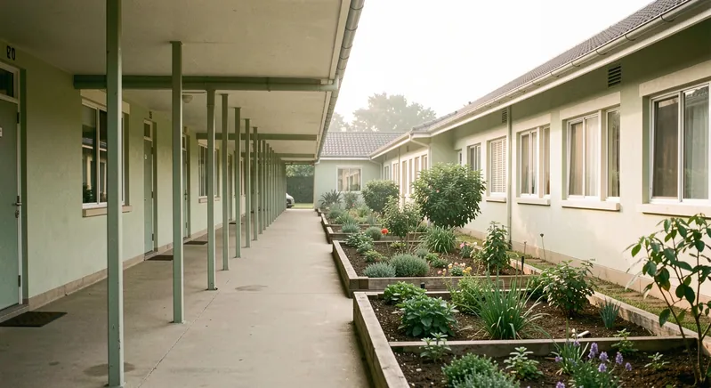A long covered walkway running beside a low dormitory wing with garden beds, photographed in early morning light.