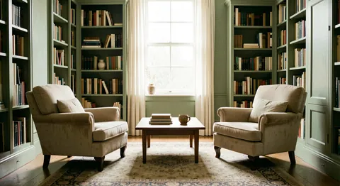 Two armchairs angled toward each other in a quiet book-lined room with a low table between them.