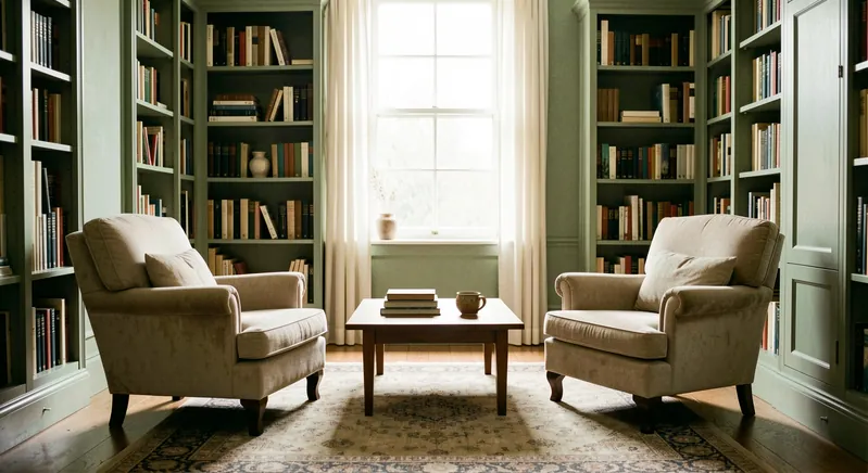 Two armchairs angled toward each other in a quiet book-lined room with a low table between them.