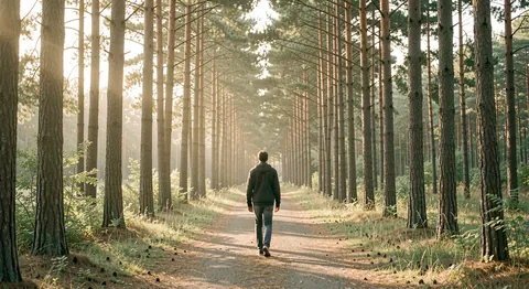 A person seen from behind walking alone on a shaded path between tall pine trees in late afternoon light.