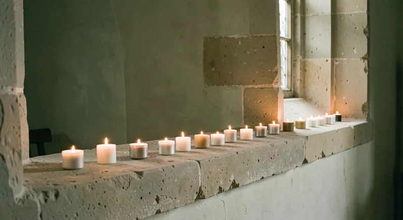 A row of small lit candles on a stone sill inside a dim chapel.