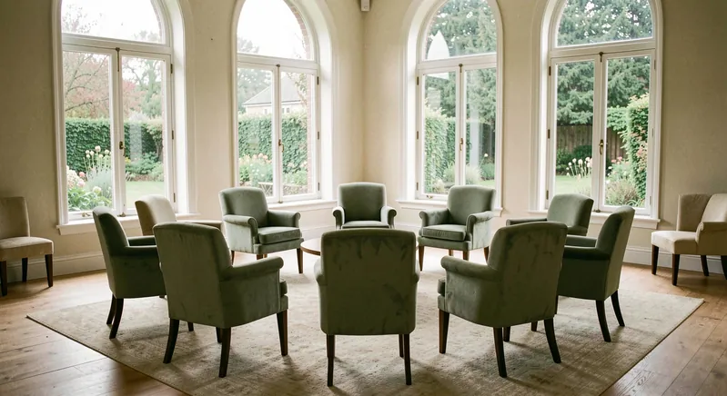 A circle of upholstered chairs in a bright meeting room with tall windows and a garden outside.